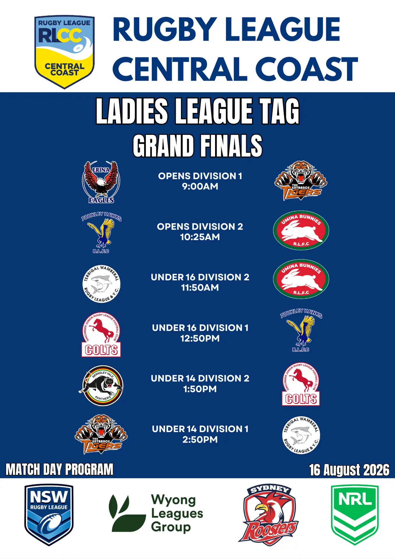 RLCC Ladies League Tag Grand Final Day Program – 16 August 2026